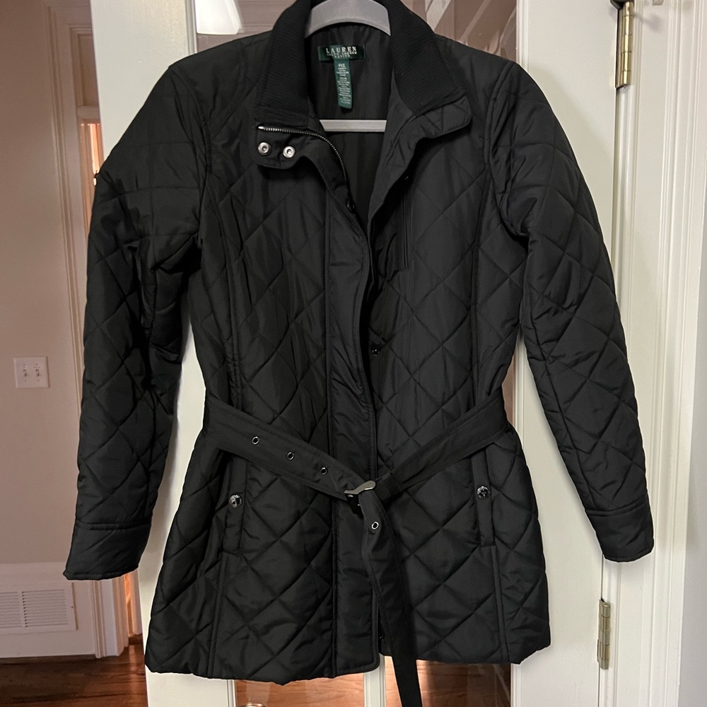 Black quilted jacket, Ralph Lauren, size Pxs, belted, with pockets